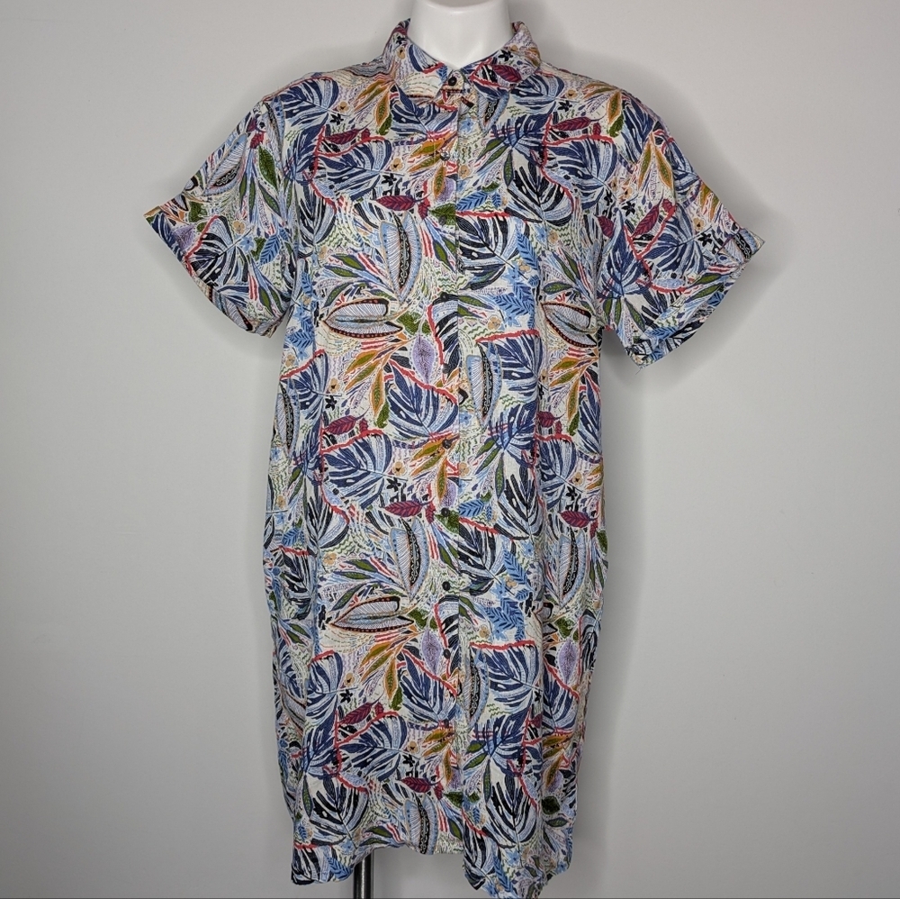 C&C California White Blue Tropical Short Sleeve Knee Length Casual Linen Dress L